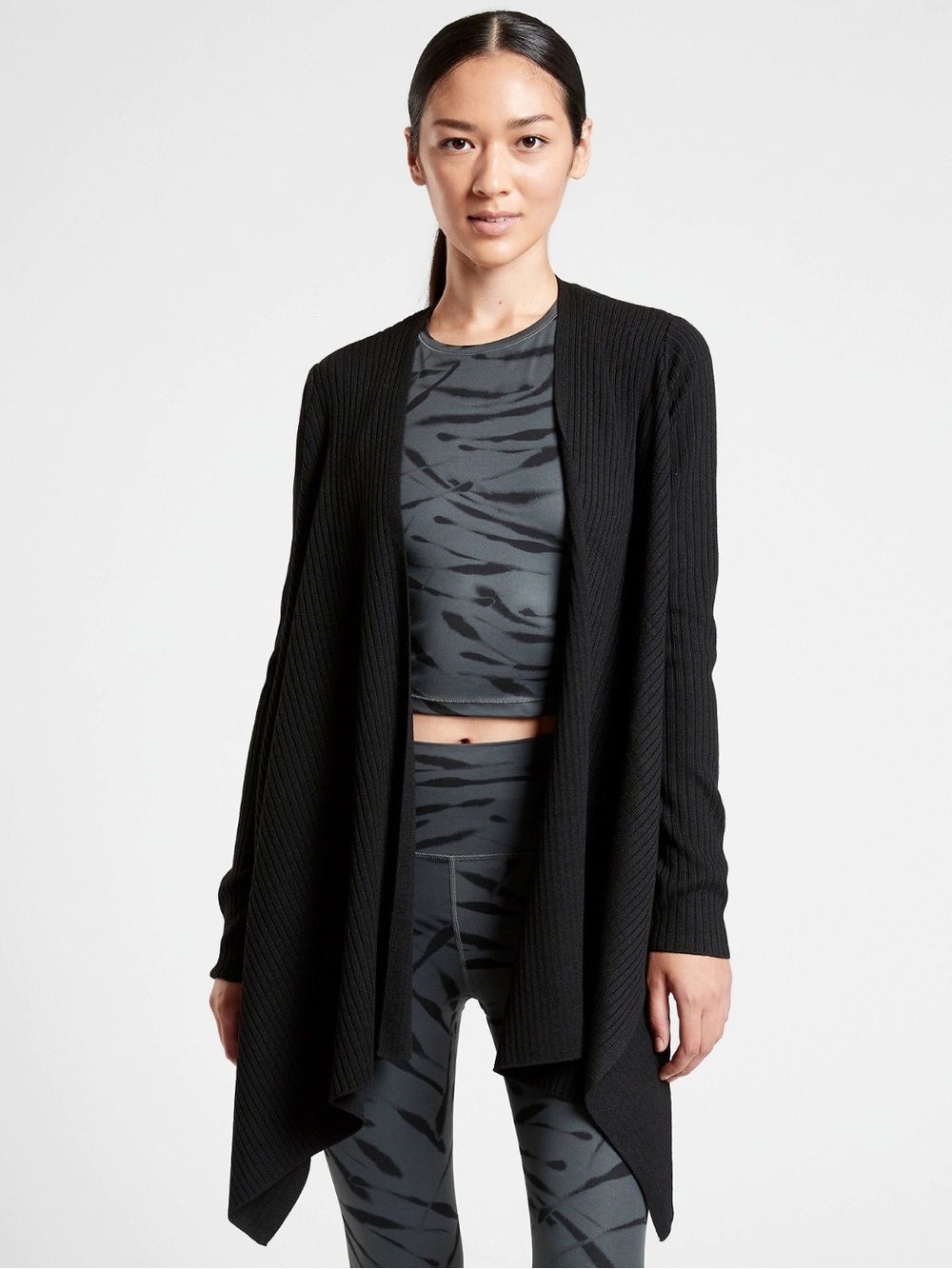 *ATHLETA* Black Open-Front Draped Black Soltice Wool Sweater Cardigan Size L